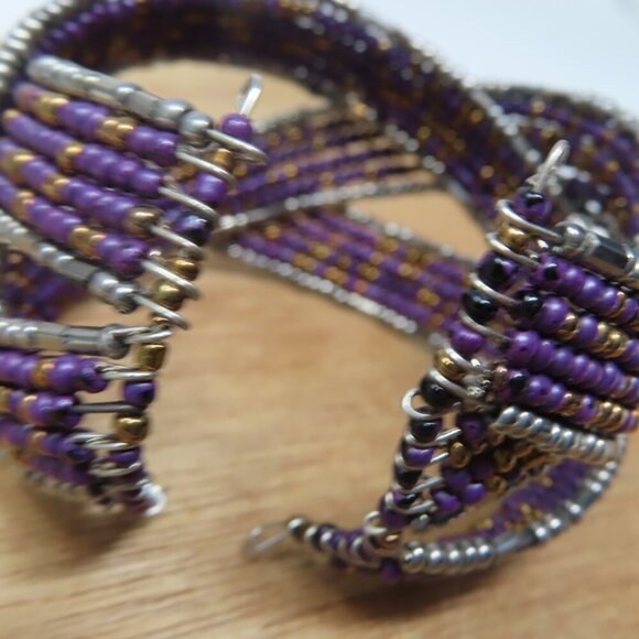 Vintage Purple Seed Bead Memory Wire Woven Cuff Bracelet Glass Cuff My Style - Picture 2 of 3